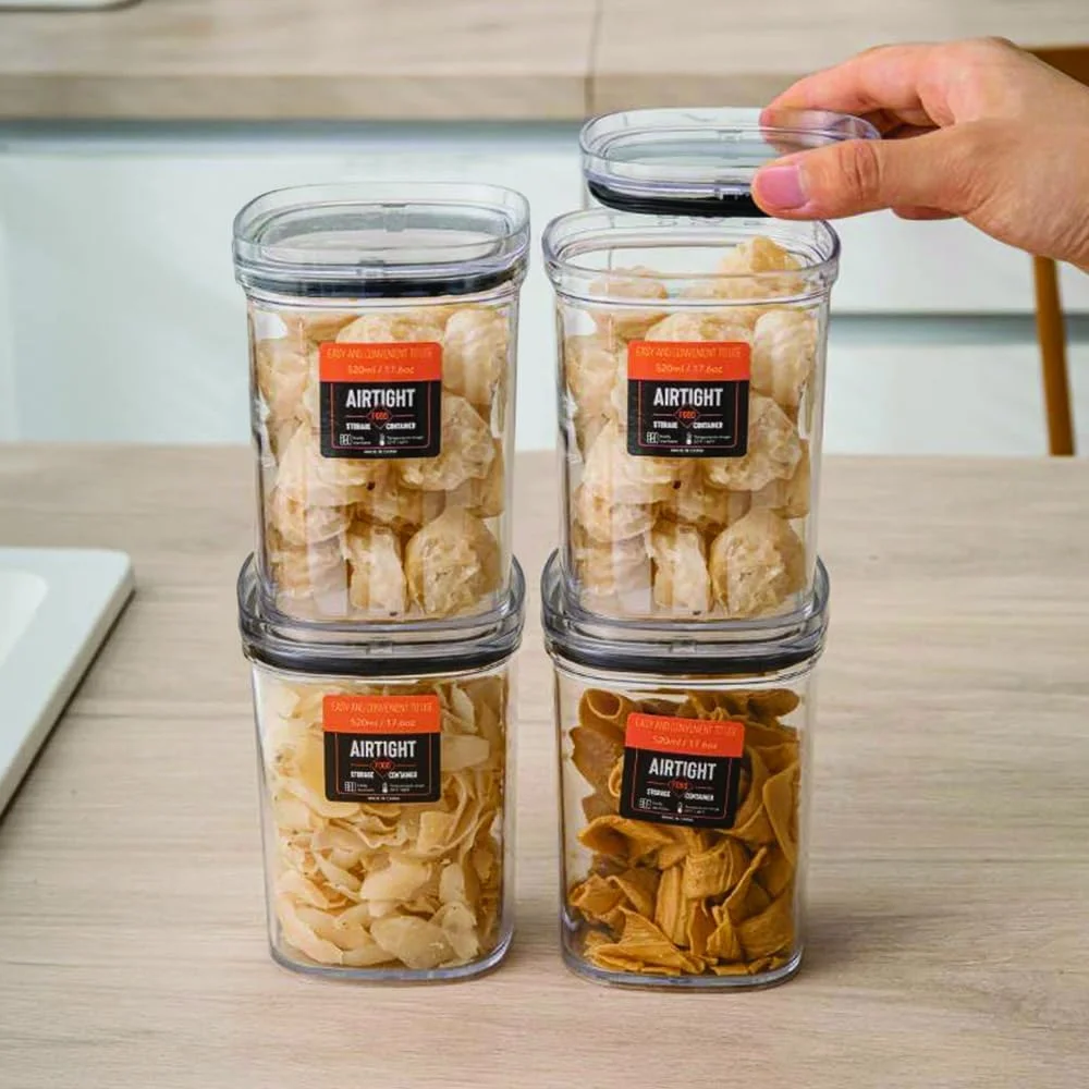 ست ظروف نگهداری مواد غذایی درب دار، 4 عددی، قابل چیدن روی هم و درب دار، 520 میلی لیتر، ایده آل برای ظروف و شیشه ها برای استفاده در آشپزخانه. (4 عدد 520 میلی لیتری)