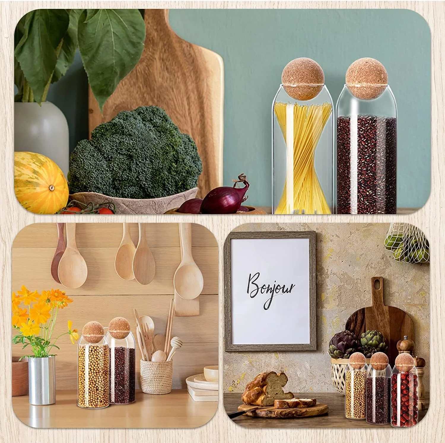 ظرف شیشه ای نگهداری مواد غذایی AKDC با درب چوب پنبه ای محکم [500ml/16Oz]، ظرف شیشه ای شفاف با درب چوب پنبه ای گرد برای آشپزخانه و انبار [3 عدد 16Oz] (16, Cellular, 3, 561032)