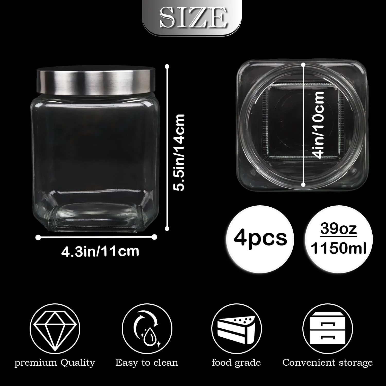 ست 4 عددی شیشه های مربعی با درب فلزی، ظروف نگهداری مواد غذایی 1200 میلی لیتری، ایده آل برای ادویه جات، قهوه و سازماندهی آشپزخانه