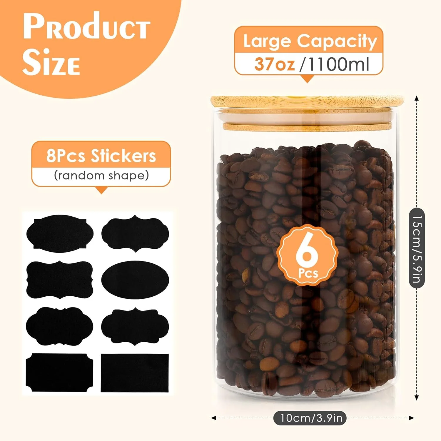 ست 6 عددی ظروف شیشه ای 1100 میلی لیتری با درب بامبو، ظروف نگهداری مواد غذایی شفاف و درب دار، ظروف شیشه ای گرد و بادوام برای نگهداری نودل، آرد، غلات، برنج، شکر، چای، دانه های قهوه و آبنبات