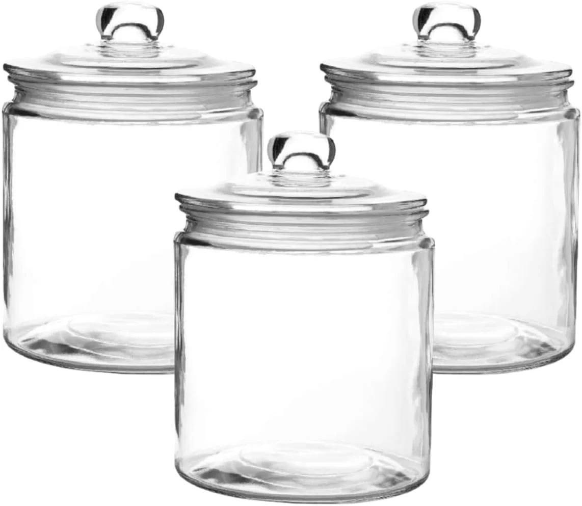 ست 3 تایی شیشه ای درب دار (1.5 لیتر) | شیشه حبوبات درب دار برای آرد، پاستا، آبنبات، تشویقی سگ، تنقلات و موارد دیگر | ظروف شیشه ای برای سازماندهی آشپزخانه و انبار | 1500 میلی لیتر