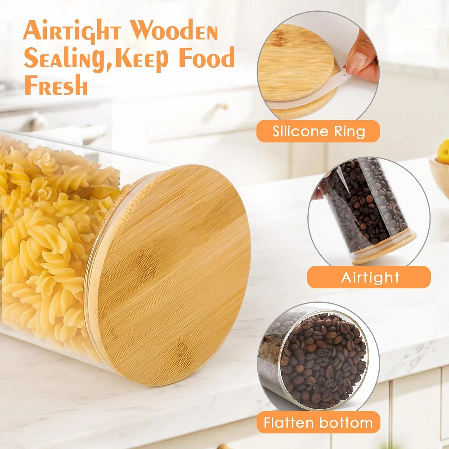 ست 6 عددی ظروف شیشه ای 1100 میلی لیتری با درب بامبو، ظروف نگهداری مواد غذایی شفاف و درب دار، ظروف شیشه ای گرد و بادوام برای نگهداری نودل، آرد، غلات، برنج، شکر، چای، دانه های قهوه و آبنبات