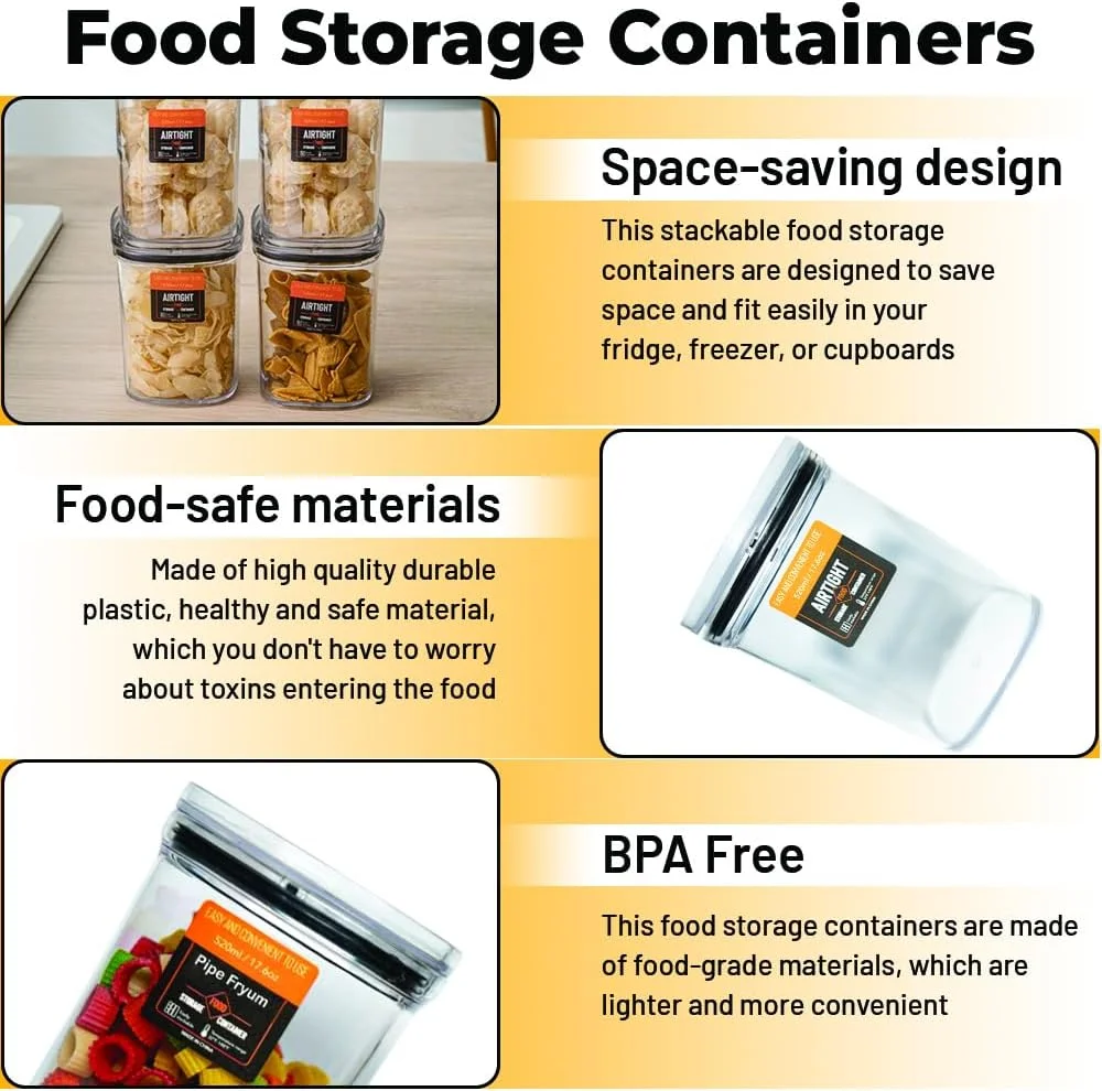 ست ظروف نگهداری مواد غذایی درب دار، 4 عددی، قابل چیدن روی هم و درب دار، 520 میلی لیتر، ایده آل برای ظروف و شیشه ها برای استفاده در آشپزخانه. (4 عدد 520 میلی لیتری)