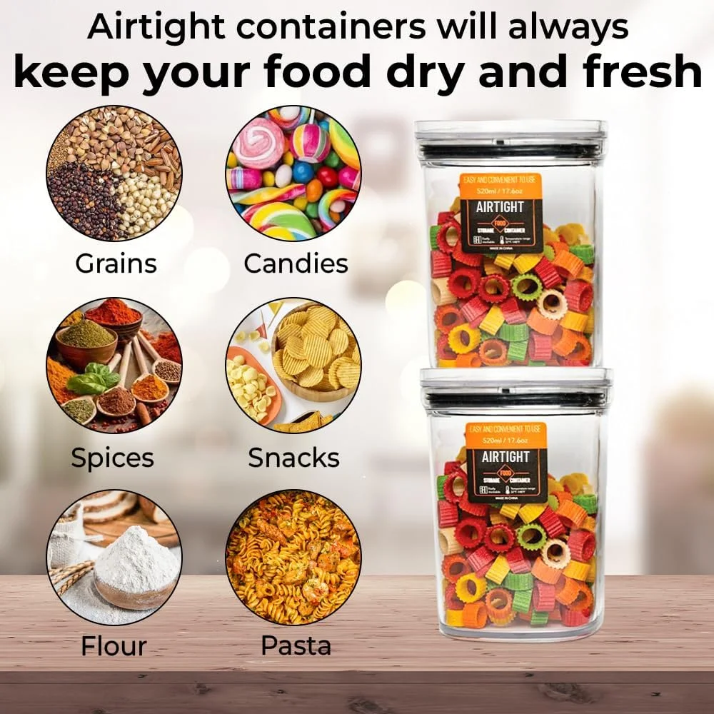 ست ظروف نگهداری مواد غذایی درب دار، 4 عددی، قابل چیدن روی هم و درب دار، 520 میلی لیتر، ایده آل برای ظروف و شیشه ها برای استفاده در آشپزخانه. (4 عدد 520 میلی لیتری)