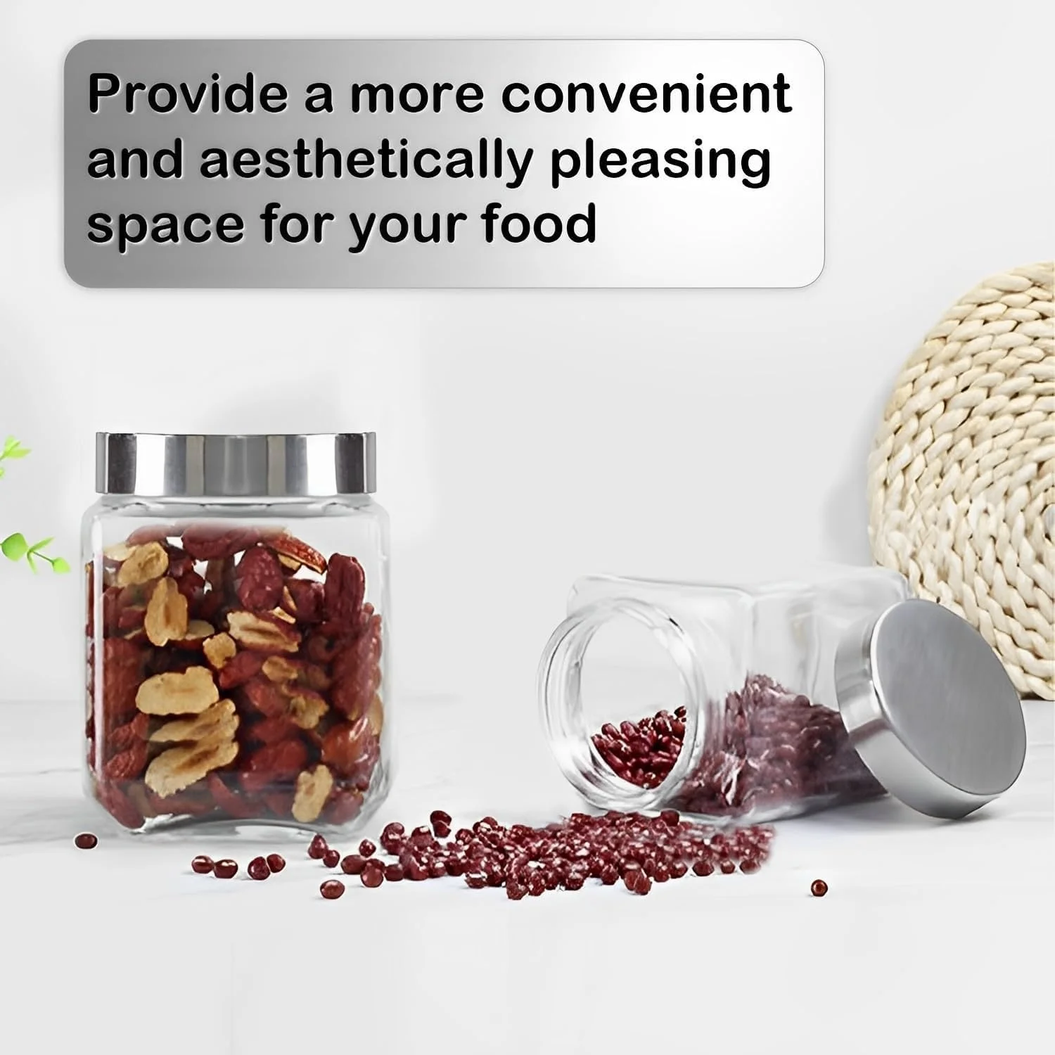 ست 4 عددی شیشه های مربعی با درب فلزی، ظروف نگهداری مواد غذایی 1200 میلی لیتری، ایده آل برای ادویه جات، قهوه و سازماندهی آشپزخانه