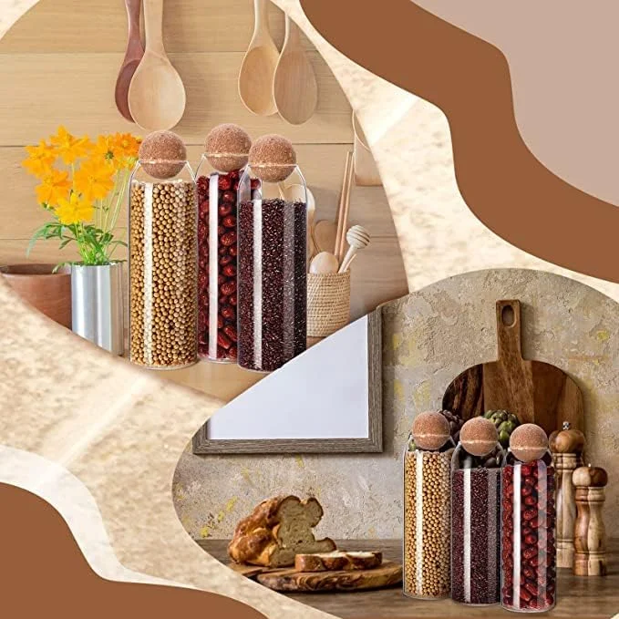 ظرف شیشه ای نگهداری مواد غذایی AKDC با درب چوب پنبه ای محکم [500ml/16Oz]، ظرف شیشه ای شفاف با درب چوب پنبه ای گرد برای آشپزخانه و انبار [3 عدد 16Oz] (16, Cellular, 3, 561032)