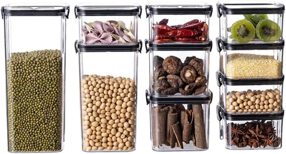 ست ظروف نگهداری مواد غذایی، 9 تکه شیشه ای شفاف با درب های قفل شونده مشکی، سازماندهی آشپزخانه و کابینت برای استفاده خانگی ست ظروف نگهداری مواد غذایی، 9 تکه شیشه ای شفاف با درب های قفل شونده مشکی، سازماندهی آشپزخانه و کابینت برای استفاده خانگی