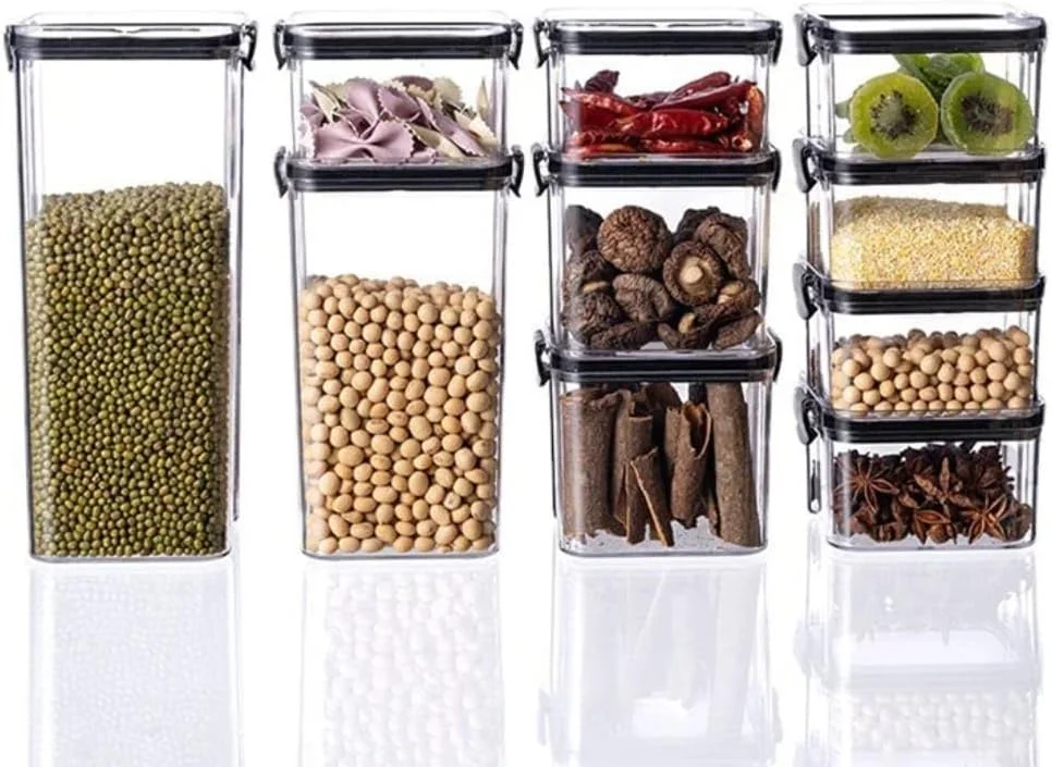 ست ظروف نگهداری مواد غذایی، 9 تکه شیشه ای شفاف با درب های قفل شونده مشکی، سازماندهی آشپزخانه و کابینت برای استفاده خانگی