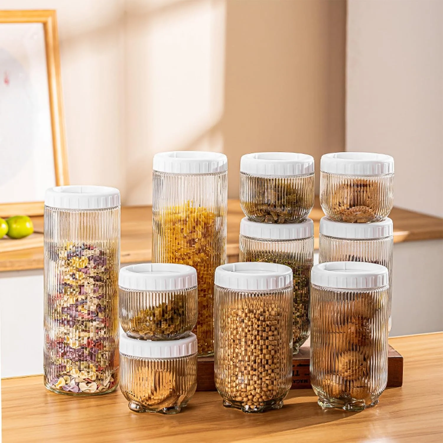 شیشه های شیشه ای زیبا با درب های پیچی و هواگیر، شیشه های ذخیره سازی مواد غذایی قابل چیدن، ظروف شیشه ای شفاف برای نگهداری مواد غذایی آشپزخانه برای پاستا، جو دوسر، آرد، شکر (10 عدد) شیشه های شیشه ای زیبا با درب های پیچی و هواگیر، شیشه های ذخیره سازی مواد غذایی قابل چیدن، ظروف شیشه ای شفاف برای نگهداری مواد غذایی آشپزخانه برای پاستا، جو دوسر، آرد، شکر (10 عدد)