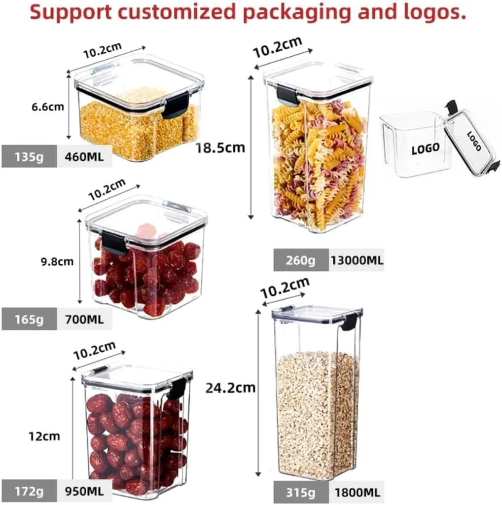 ست ظروف نگهداری مواد غذایی، 9 تکه شیشه ای شفاف با درب های قفل شونده مشکی، سازماندهی آشپزخانه و کابینت برای استفاده خانگی