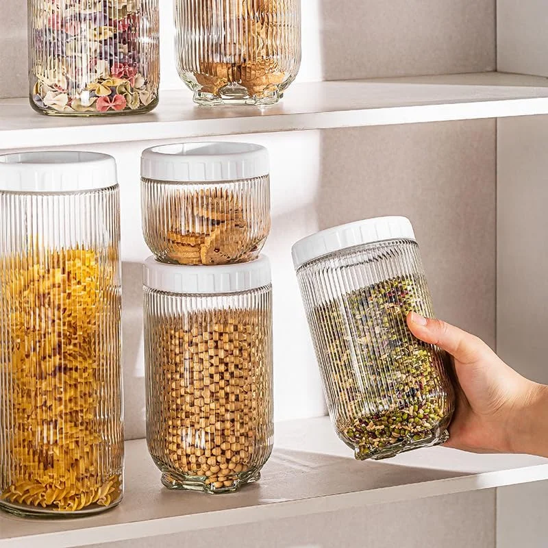 شیشه های شیشه ای زیبا با درب های پیچی و هواگیر، شیشه های ذخیره سازی مواد غذایی قابل چیدن، ظروف شیشه ای شفاف برای نگهداری مواد غذایی آشپزخانه برای پاستا، جو دوسر، آرد، شکر (10 عدد)