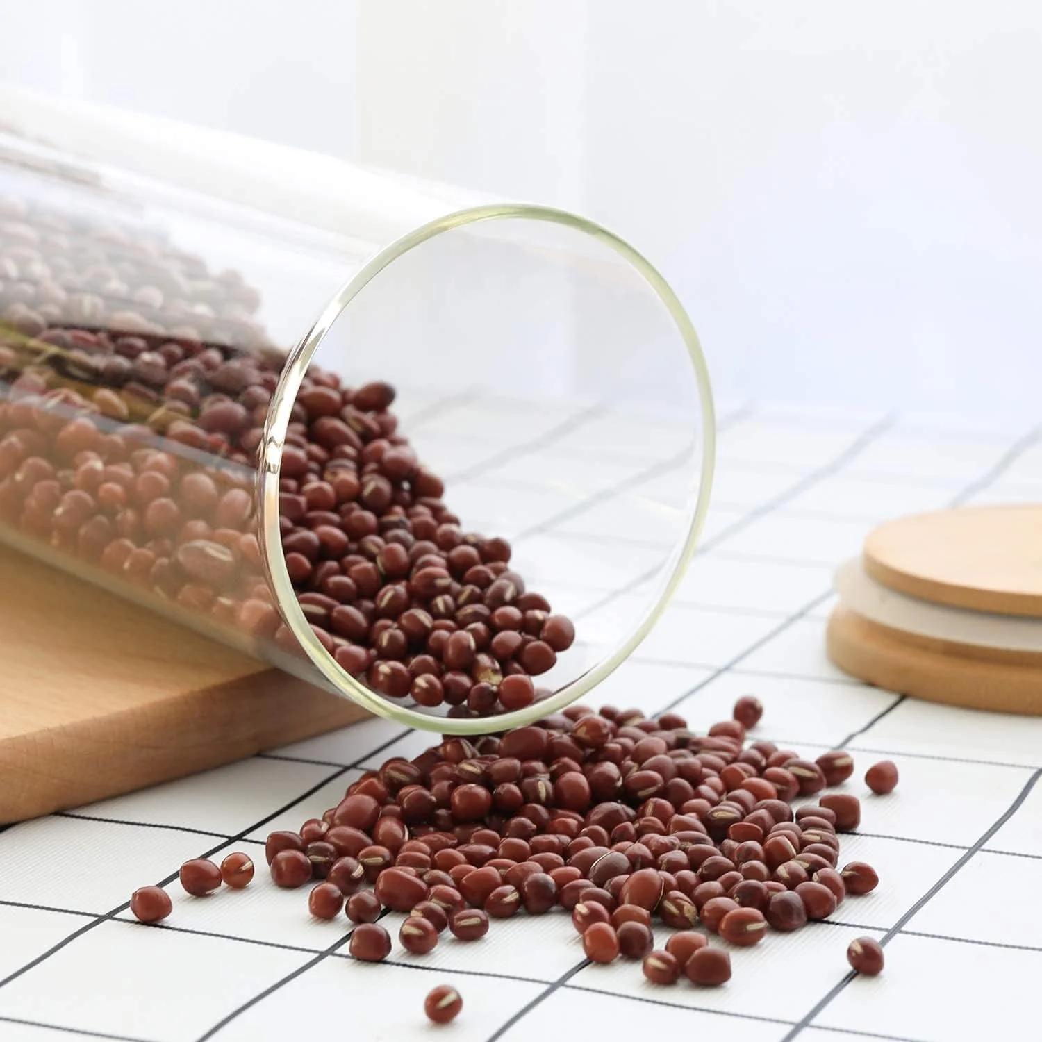 ظرف نگهداری شیشه ای درب بامبو، ظرف نگهداری مواد غذایی شفاف، ست ظروف شیشه ای برای آرد، غلات، شکر، چای، دانه های قهوه، تنقلات، آجیل و آب نبات (بسته 3 عددی، 2400 میلی لیتر)