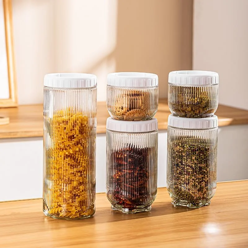 شیشه های شیشه ای زیبا با درب های پیچی و هواگیر، شیشه های ذخیره سازی مواد غذایی قابل چیدن، ظروف شیشه ای شفاف برای نگهداری مواد غذایی آشپزخانه برای پاستا، جو دوسر، آرد، شکر (10 عدد)