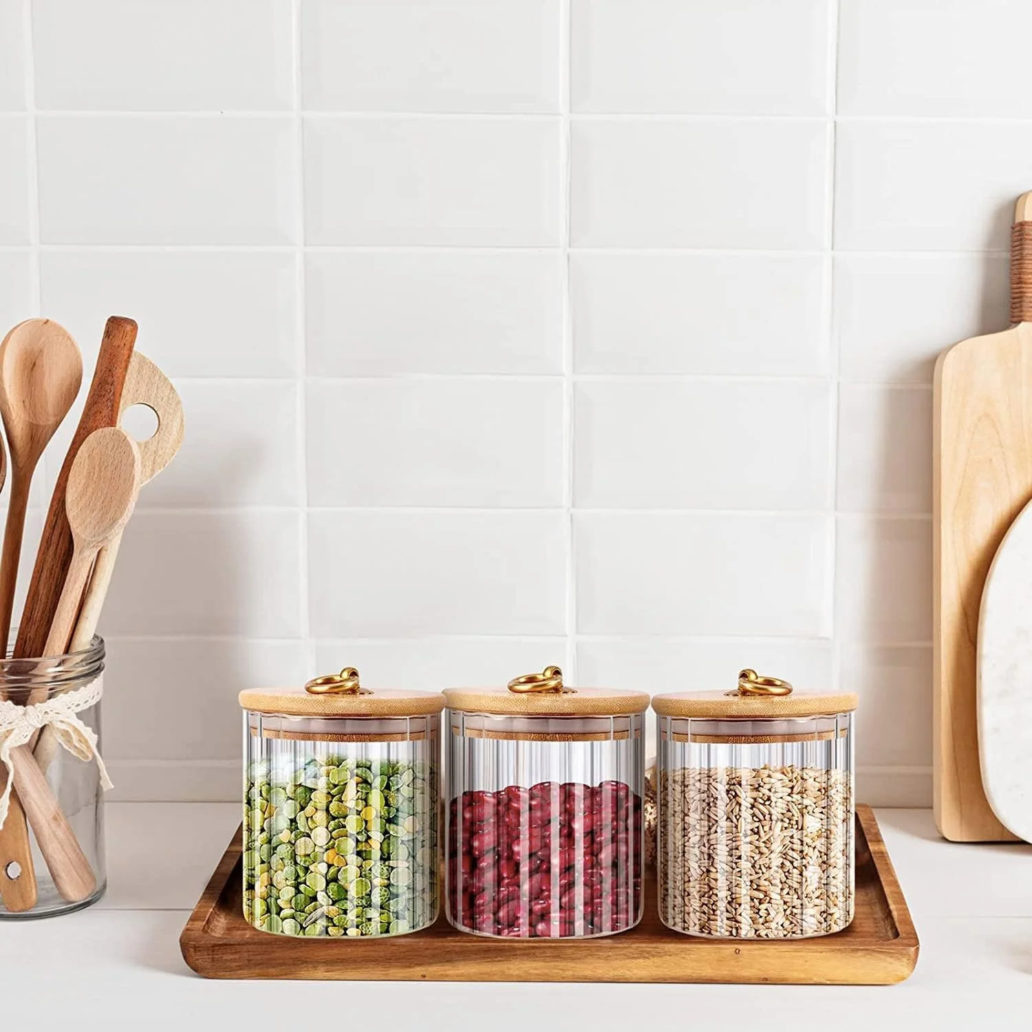 ظرف نگهداری درب بامبو با دسته فلزی، ظروف شیشه ای شفاف، برای نگهداری مواد غذایی در آشپزخانه، مناسب برای آبنبات، پاستا، جو دوسر، ادویه جات ظرف نگهداری درب بامبو با دسته فلزی، ظروف شیشه ای شفاف، برای نگهداری مواد غذایی در آشپزخانه، مناسب برای آبنبات، پاستا، جو دوسر، ادویه جات