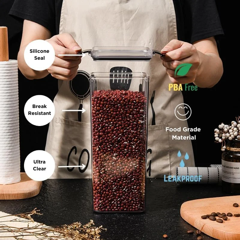 ست ظروف نگهداری مواد غذایی درب دار (2 عدد 1800 میلی لیتر، 1300 میلی لیتر، 950 میلی لیتر، 700 میلی لیتر و 460 میلی لیتر) 6 عددی، قابل چیدن، پلاستیکی شفاف، مناسب برای سازماندهی آشپزخانه و انبار، مناسب برای غلات، مواد غذایی خشک، آرد و شکر، فاقد BPA