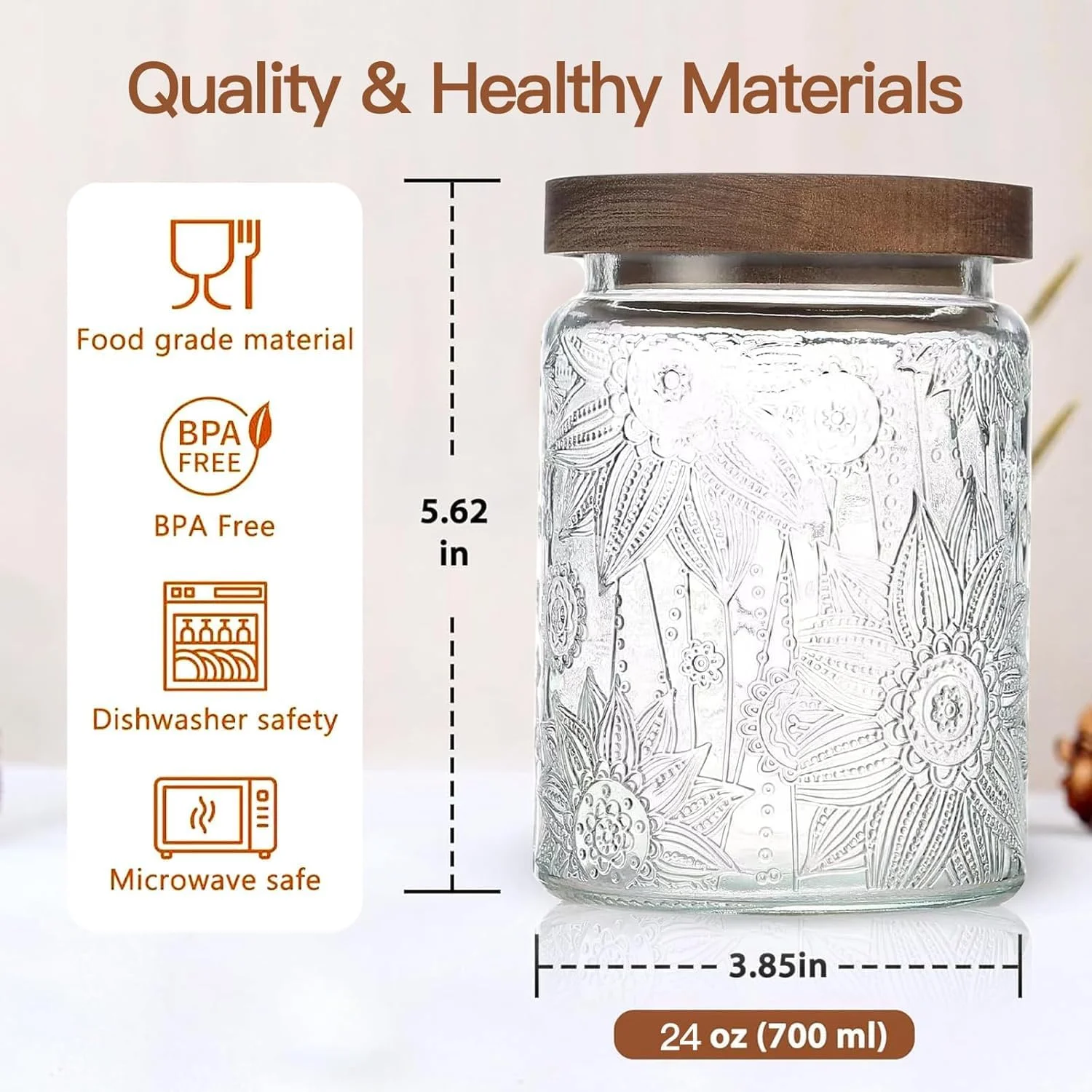 شیشه نگهداری مواد غذایی 710 میلی لیتری با درب بامبو - ظروف شیشه ای قدیمی مناسب برای نگهداری مواد غذایی در آشپزخانه و کابینت - ایده آل برای شکر، آرد، قهوه، چای، آبنبات، جو دوسر، غلات