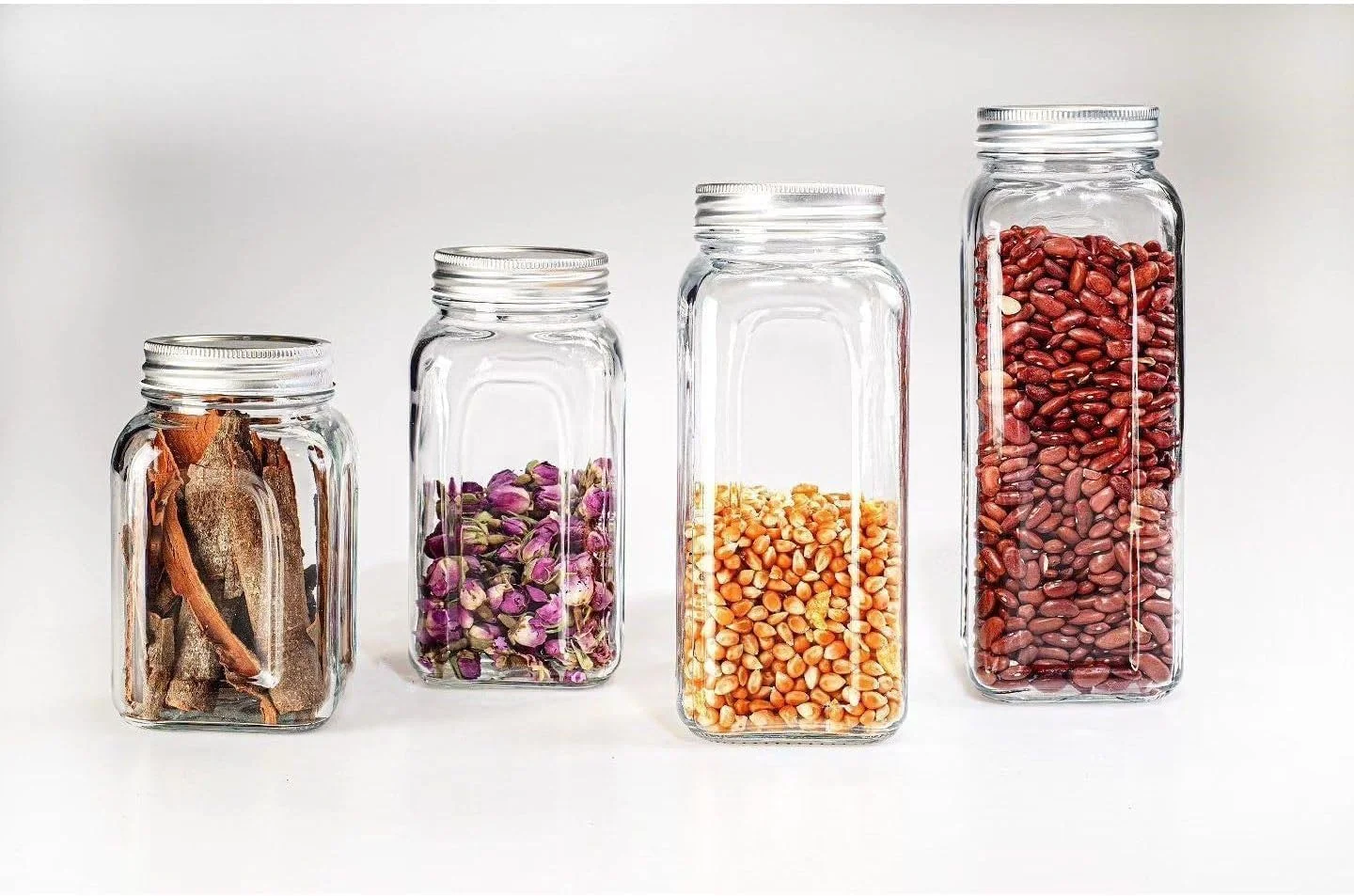 ظروف شیشه ای درب دار - 450 میلی لیتر، 660 میلی لیتر، 820 میلی لیتر، 1140 میلی لیتر - ظروف آشپزخانه شفاف برای قهوه، ادویه جات، میوه های خشک، تنقلات، سازماندهی انبار - ظروف غذای قابل شستشو در ماشین ظرفشویی (ست 4 عددی)