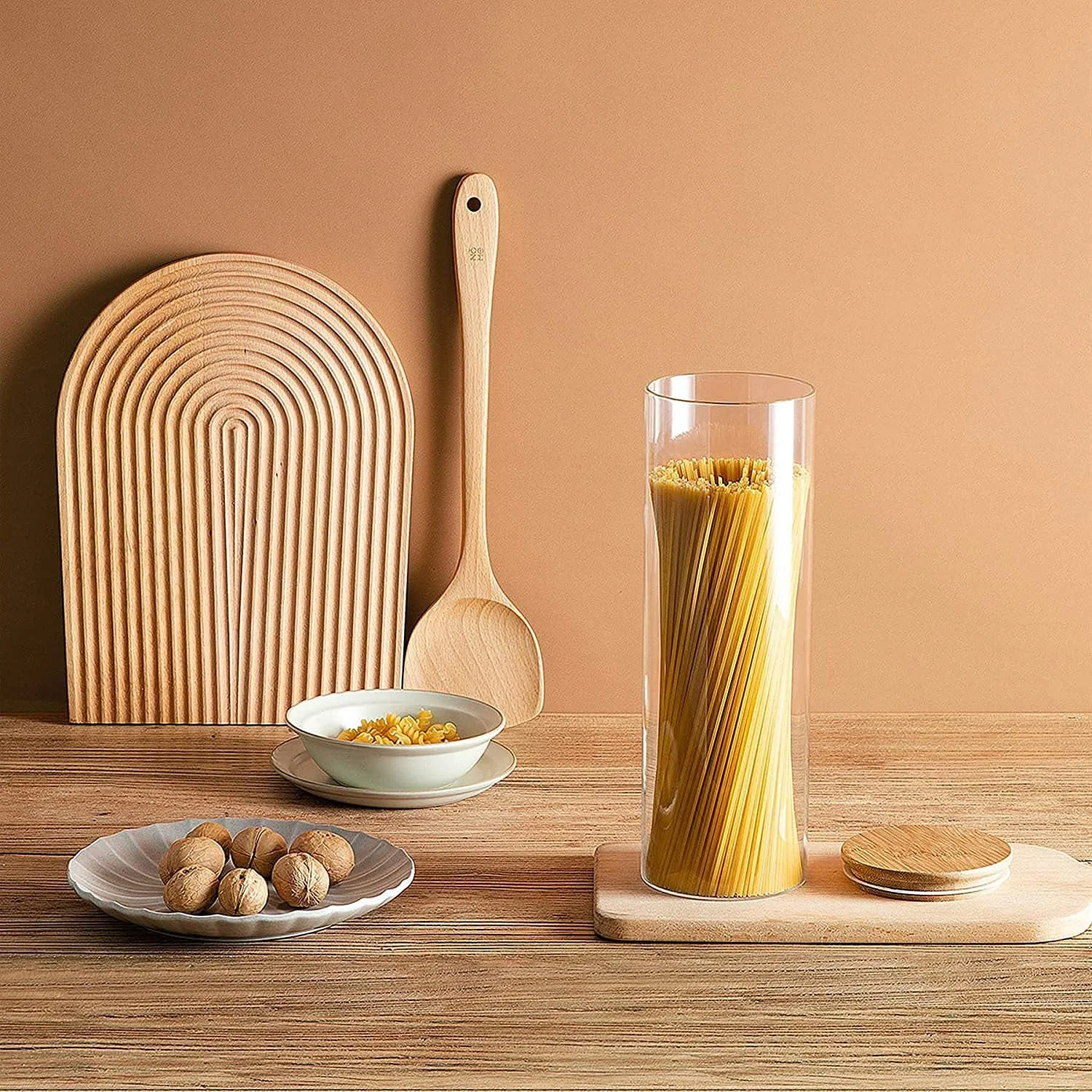 ظرف نگهداری شیشه ای درب بامبو، ظرف نگهداری مواد غذایی شفاف، ست ظروف شیشه ای برای آرد، غلات، شکر، چای، دانه های قهوه، تنقلات، آجیل و آب نبات (بسته 3 عددی، 2400 میلی لیتر)