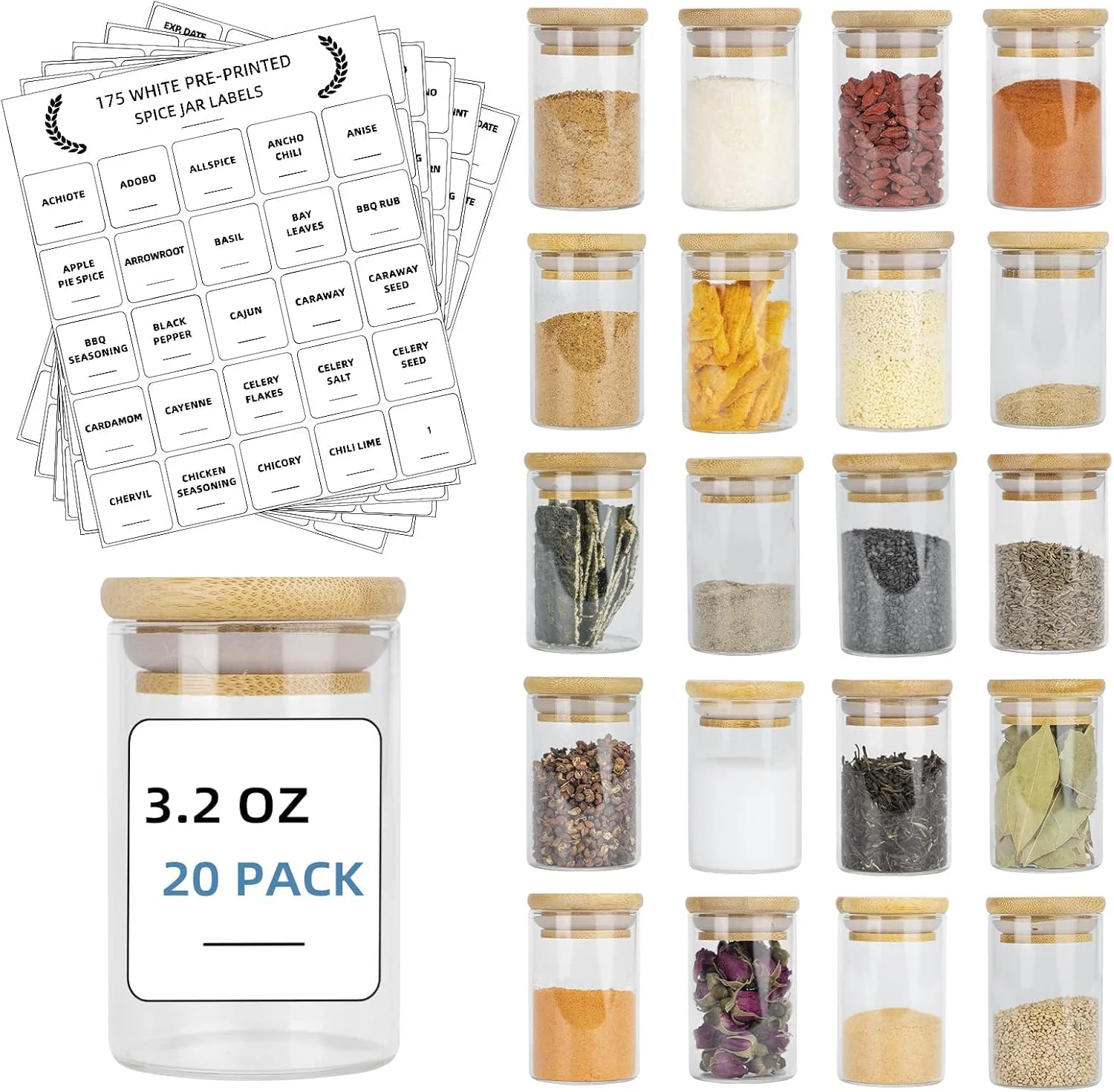 ست 20 عددی شیشه ادویه، شیشه ادویه کوچک 95 میلی لیتری با درب های بامبو و 180 عدد برچسب مربعی از پیش چاپ شده، ظروف چاشنی ضخیم، نگهداری مواد غذایی برای انبار، چای، گیاهان، نمک ست 20 عددی شیشه ادویه، شیشه ادویه کوچک 95 میلی لیتری با درب های بامبو و 180 عدد برچسب مربعی از پیش چاپ شده، ظروف چاشنی ضخیم، نگهداری مواد غذایی برای انبار، چای، گیاهان، نمک