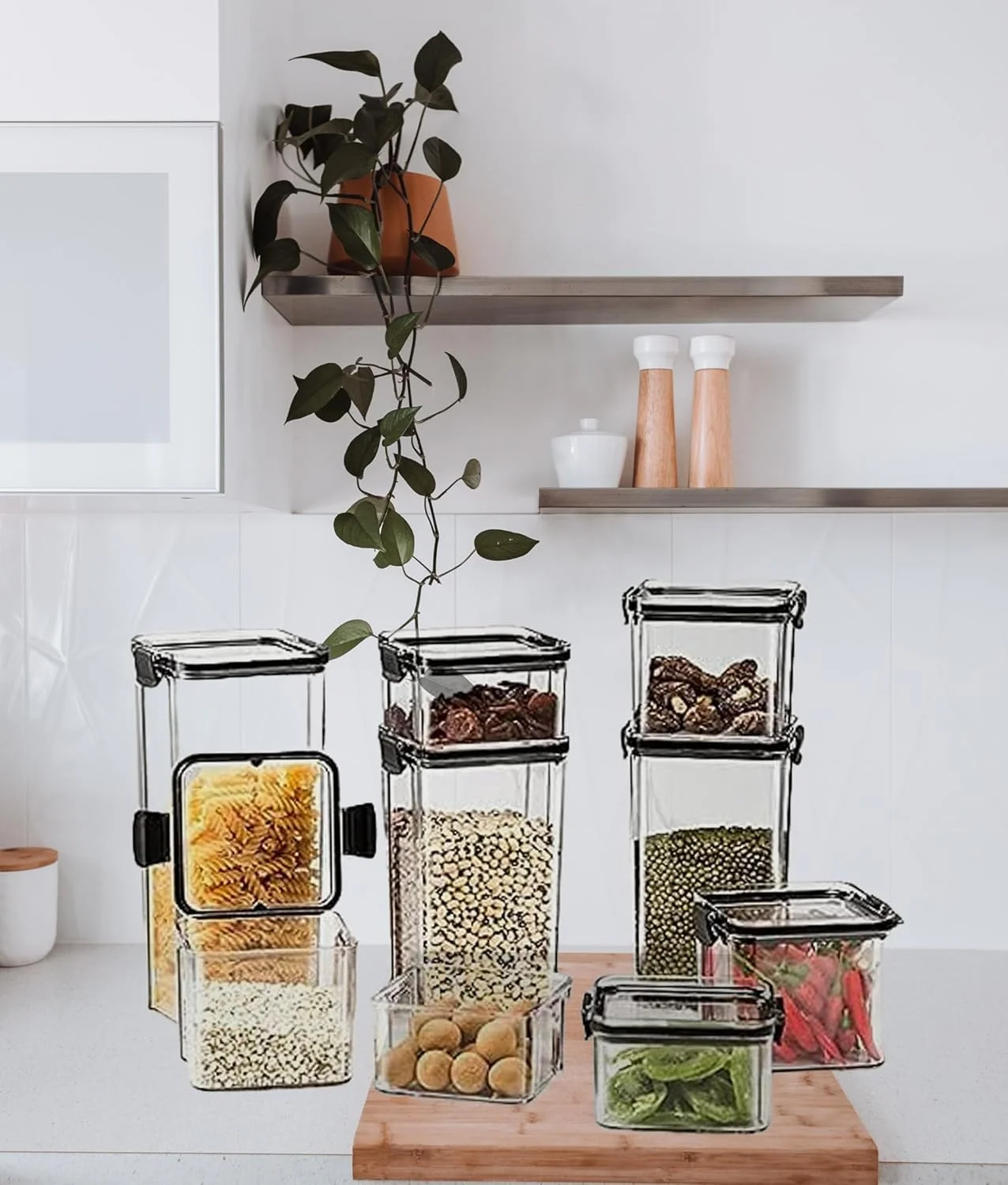 ست ظروف نگهداری مواد غذایی درب دار (2 عدد 1800 میلی لیتر، 1300 میلی لیتر، 950 میلی لیتر، 700 میلی لیتر و 460 میلی لیتر) 6 عددی، قابل چیدن، پلاستیکی شفاف، مناسب برای سازماندهی آشپزخانه و انبار، مناسب برای غلات، مواد غذایی خشک، آرد و شکر، فاقد BPA