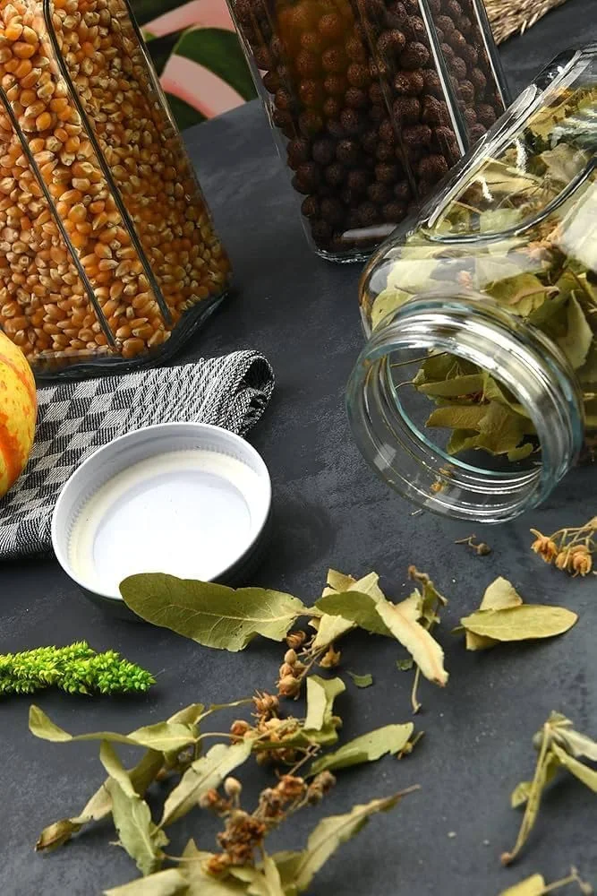 ظروف شیشه ای درب دار - 450 میلی لیتر، 660 میلی لیتر، 820 میلی لیتر، 1140 میلی لیتر - ظروف آشپزخانه شفاف برای قهوه، ادویه جات، میوه های خشک، تنقلات، سازماندهی انبار - ظروف غذای قابل شستشو در ماشین ظرفشویی (ست 4 عددی)