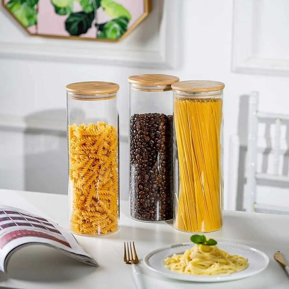 ظرف نگهداری شیشه ای درب بامبو، ظرف نگهداری مواد غذایی شفاف، ست ظروف شیشه ای برای آرد، غلات، شکر، چای، دانه های قهوه، تنقلات، آجیل و آب نبات (بسته 3 عددی، 2400 میلی لیتر)