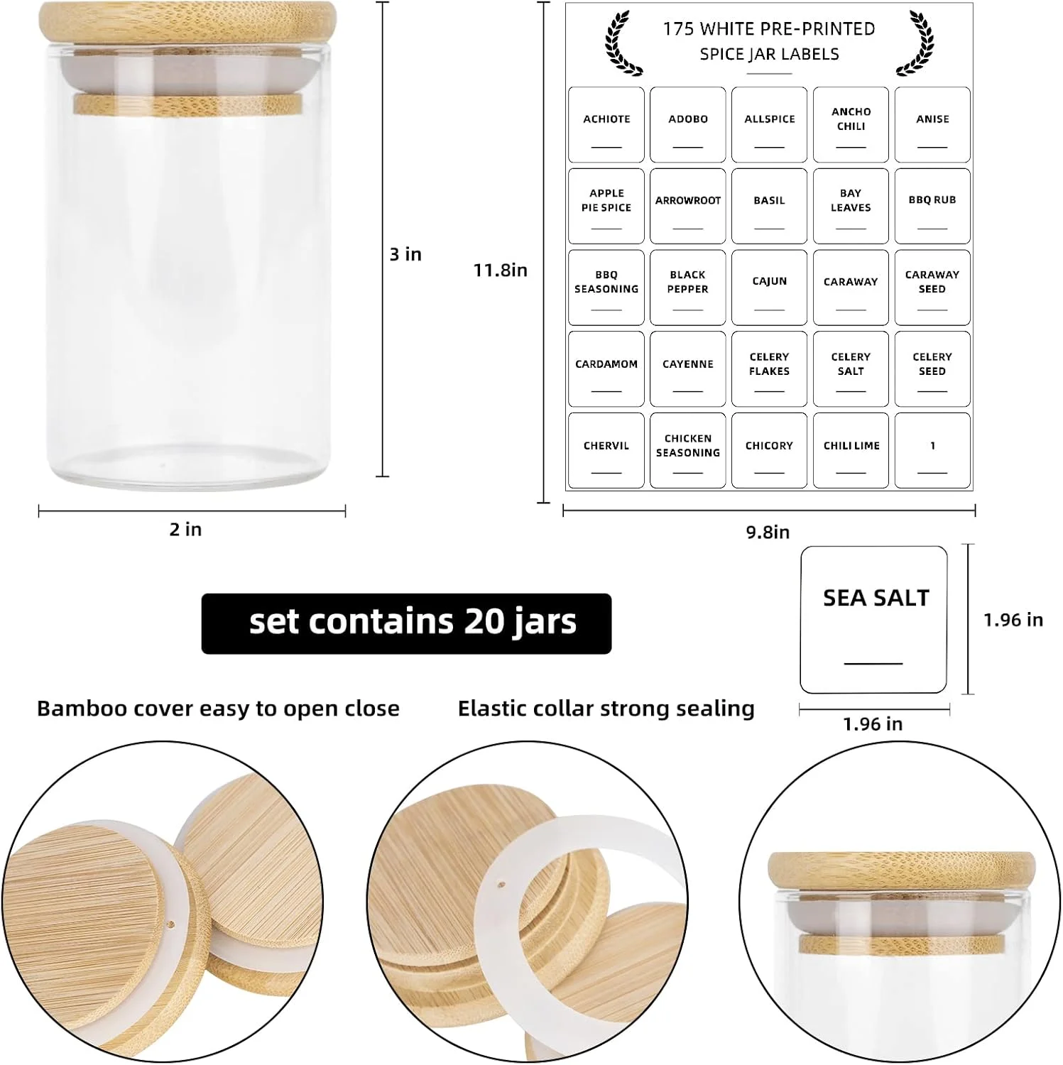 ست 20 عددی شیشه ادویه، شیشه ادویه کوچک 95 میلی لیتری با درب های بامبو و 180 عدد برچسب مربعی از پیش چاپ شده، ظروف چاشنی ضخیم، نگهداری مواد غذایی برای انبار، چای، گیاهان، نمک ست 20 عددی شیشه ادویه، شیشه ادویه کوچک 95 میلی لیتری با درب های بامبو و 180 عدد برچسب مربعی از پیش چاپ شده، ظروف چاشنی ضخیم، نگهداری مواد غذایی برای انبار، چای، گیاهان، نمک