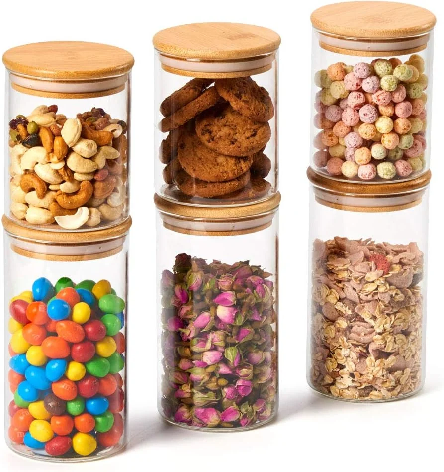 EZOWARE ست 6 تایی شیشه ای با درب های بامبو طبیعی و هواگیر، 450 میلی لیتر + 700 میلی لیتر، ظروف شیشه ای بوروسیلیکاتی شفاف و تزئینی برای نگهداری مواد غذایی، مناسب برای لوازم آشپزخانه و انبار خانگی EZOWARE ست 6 تایی شیشه ای با درب های بامبو طبیعی و هواگیر، 450 میلی لیتر + 700 میلی لیتر، ظروف شیشه ای بوروسیلیکاتی شفاف و تزئینی برای نگهداری مواد غذایی، مناسب برای لوازم آشپزخانه و انبار خانگی