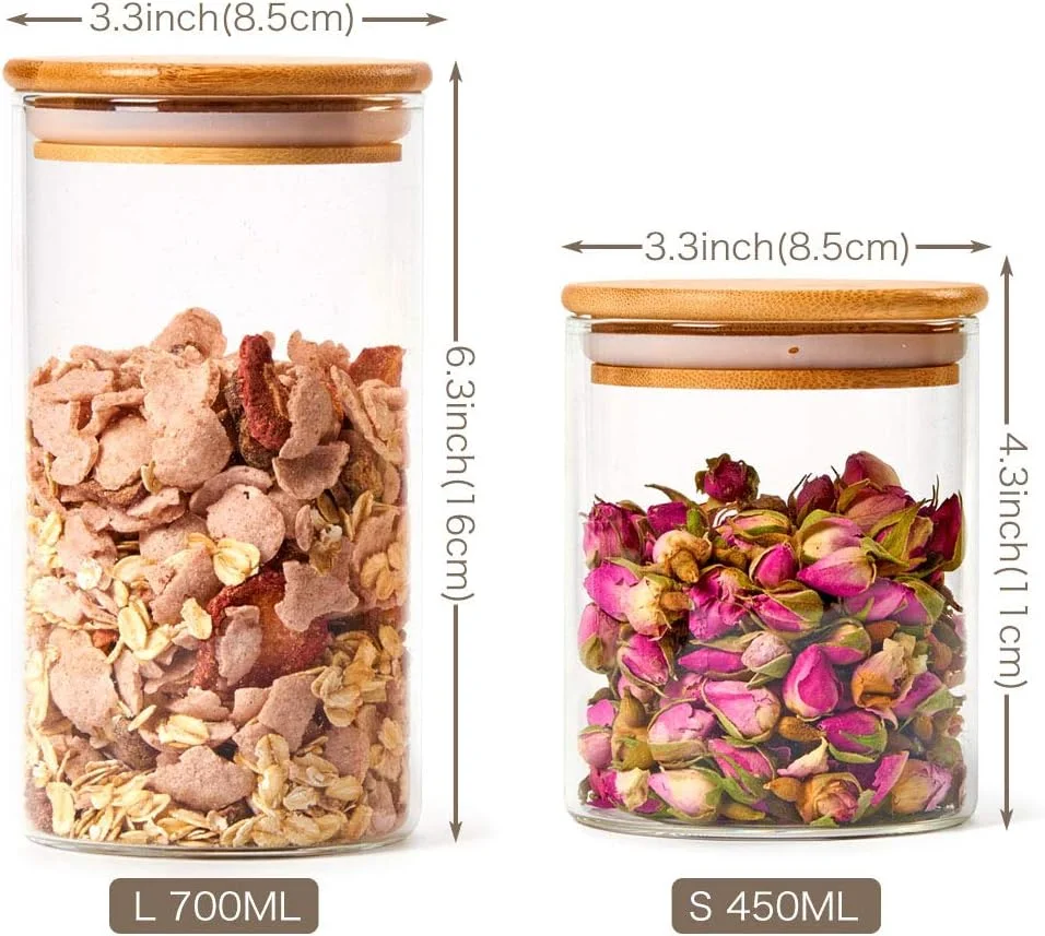 EZOWARE ست 6 تایی شیشه ای با درب های بامبو طبیعی و هواگیر، 450 میلی لیتر + 700 میلی لیتر، ظروف شیشه ای بوروسیلیکاتی شفاف و تزئینی برای نگهداری مواد غذایی، مناسب برای لوازم آشپزخانه و انبار خانگی