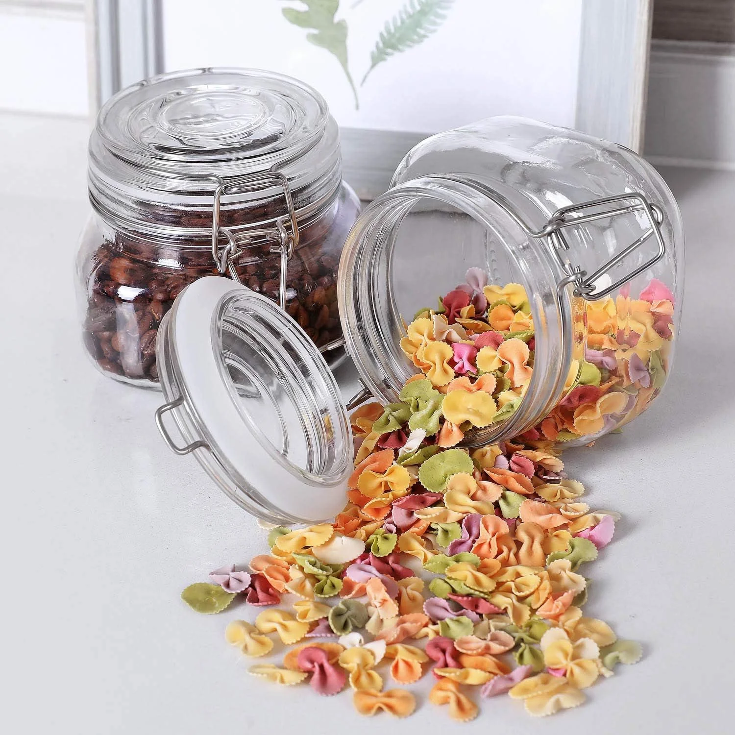 ست 2 عددی ظروف شیشه ای درب دار 500 میلی لیتری، ظرف نگهداری مواد غذایی، ظرف مربعی با بست محکم گیره سیمی برای کنسرو کردن، حبوبات، ادویه جات، عسل و ترشیجات آشپزخانه