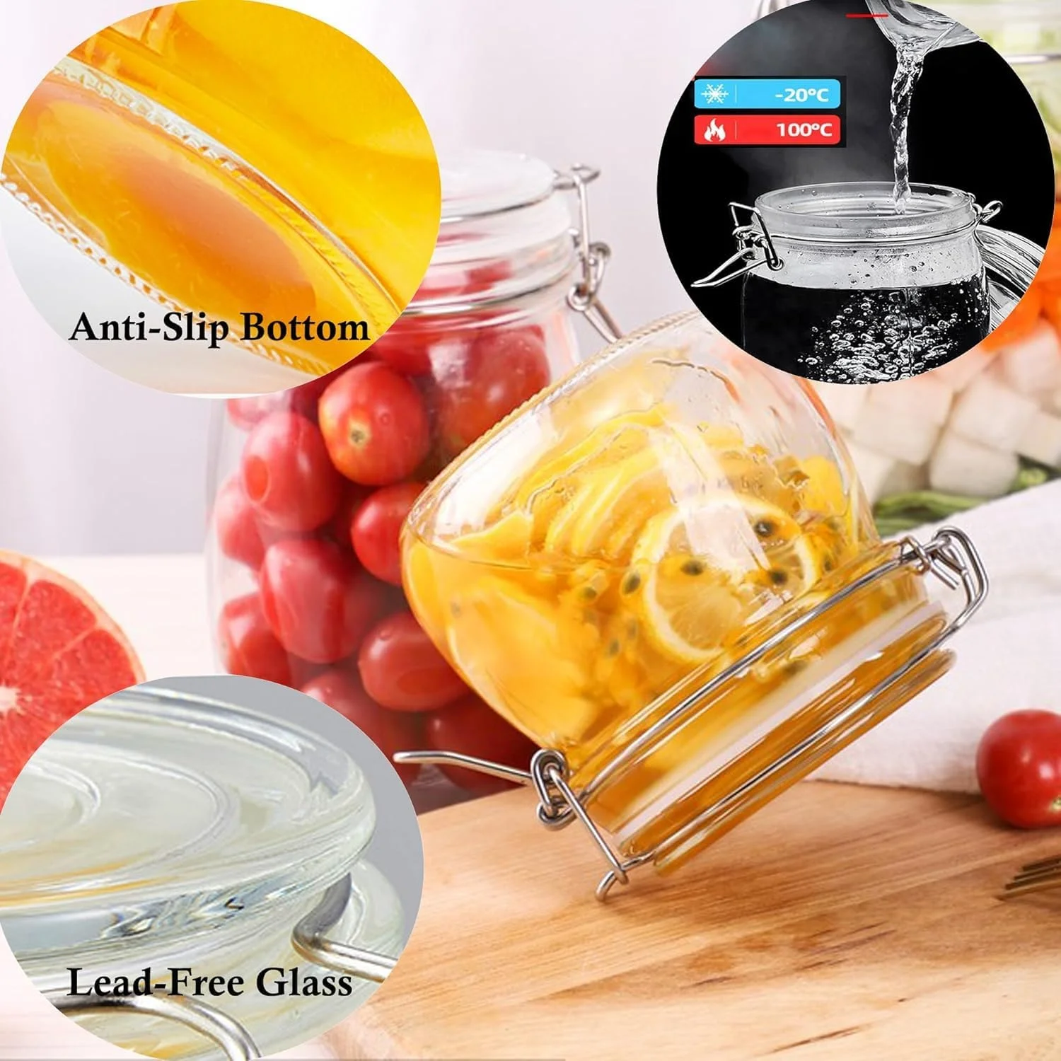 ست ۳ عددی شیشه های شیشه ای با درب محکم ۲۵ اونسی، شیشه های دهان گشاد میسون برای نگهداری مواد غذایی، ضد نشت برای قهوه، شکر، آجیل، ادویه، یخچال، ترشی و مربا، چای برای یخچال، آشپزخانه و انبار