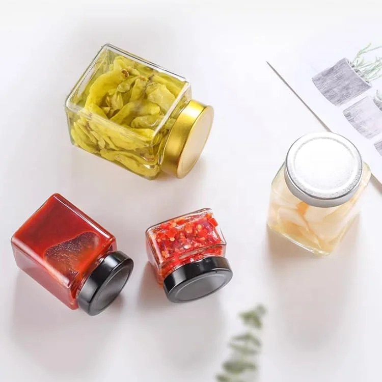 ظروف شیشه ای مربعی با درب های مشکی ضد هوا، ظروف نگهداری مواد غذایی آشپزخانه 270 میلی لیتر، شیشه های کوچک برای مربا، ادویه جات، عسل، ژله، پودینگ، دسر، گیاهان و نگهداری (بسته 6 عددی)
