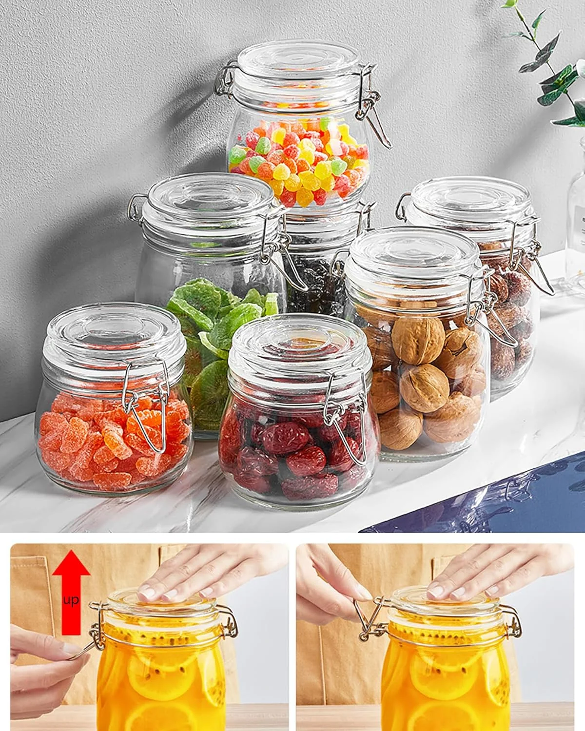 ست ظروف شیشه ای درب دار، ظروف شیشه ای گیره دار با درب، ظروف درب دار گرد برای نگهداری مواد غذایی در آشپزخانه، مناسب برای کنسرو کردن غلات، حبوبات، ترشی، ادویه جات، میوه خشک و میوه های نگهداری شده (1000 میلی لیتر، 2 عدد)