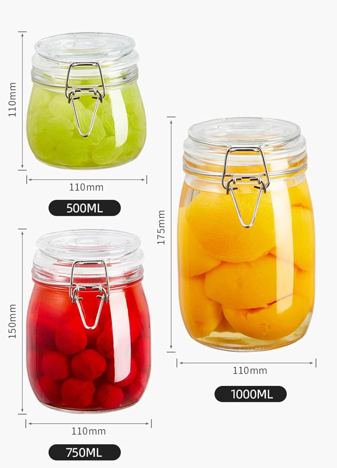 ست ظروف شیشه ای درب دار، ظروف شیشه ای گیره دار با درب، ظروف درب دار گرد برای نگهداری مواد غذایی در آشپزخانه، مناسب برای کنسرو کردن غلات، حبوبات، ترشی، ادویه جات، میوه خشک و میوه های نگهداری شده (1000 میلی لیتر، 2 عدد)