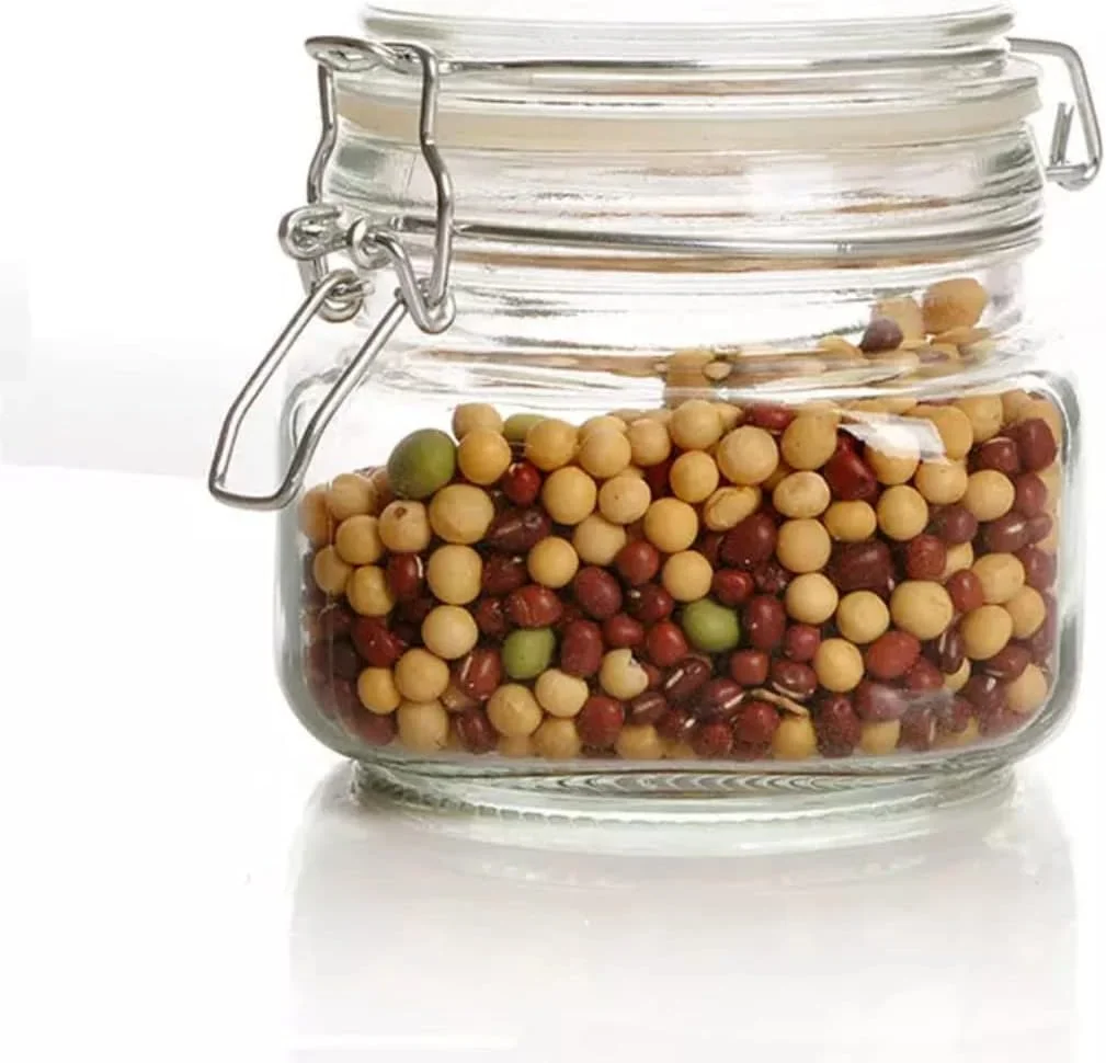 ست 2 عددی ظروف شیشه ای درب دار 500 میلی لیتری، ظرف نگهداری مواد غذایی، ظرف مربعی با بست محکم گیره سیمی برای کنسرو کردن، حبوبات، ادویه جات، عسل و ترشیجات آشپزخانه