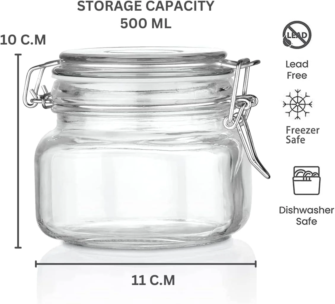 ست 2 عددی ظروف شیشه ای درب دار 500 میلی لیتری، ظرف نگهداری مواد غذایی، ظرف مربعی با بست محکم گیره سیمی برای کنسرو کردن، حبوبات، ادویه جات، عسل و ترشیجات آشپزخانه