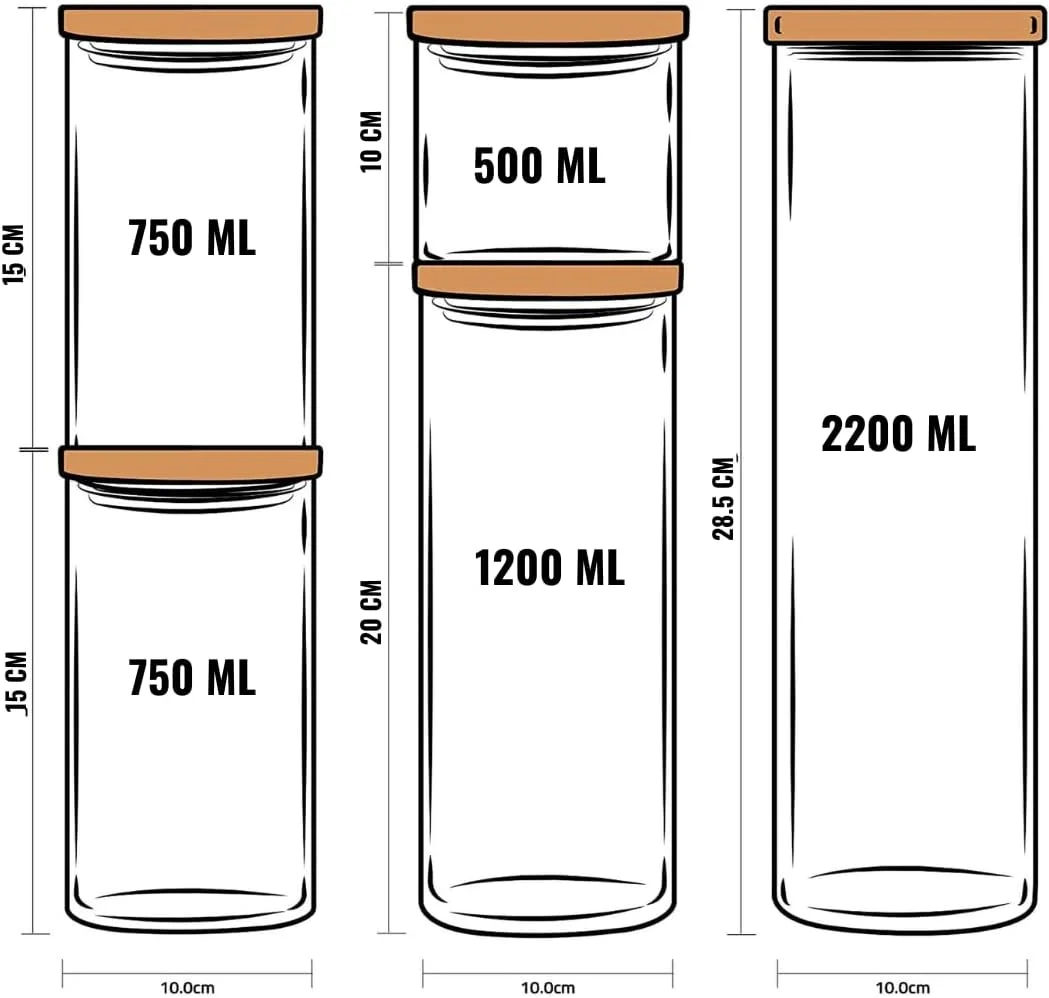 ظروف شیشه ای 1CHASE با درب بامبو، ظروف شیشه ای نگهداری مواد غذایی با درب چوبی برای انبار - ست 5 عددی (2200 میلی لیتر / 1200 میلی لیتر / 750 میلی لیتر / 500 میلی لیتر)