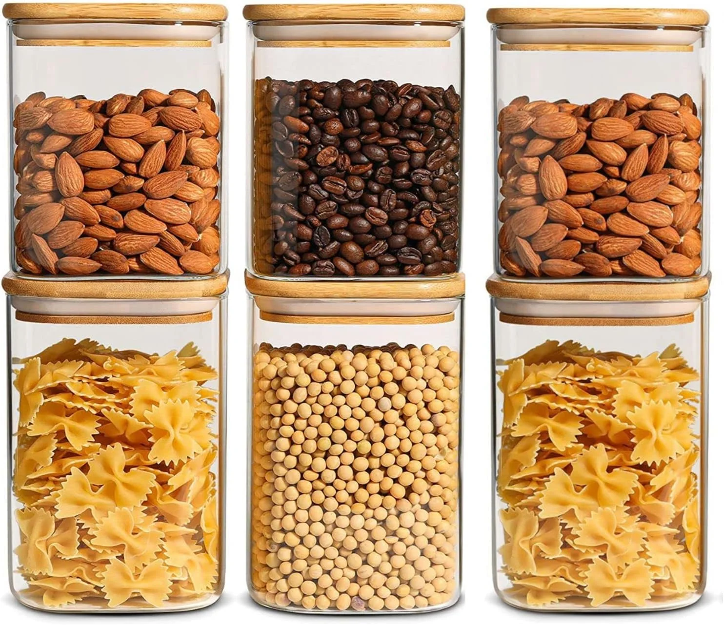 ست 6 عددی ظروف نگهداری مواد غذایی مربعی 1CHASE با درب بامبو هواگیر، ظروف نگهداری قابل چیدن برای آشپزخانه و انبار، ایده آل برای قهوه، چای، کلوچه، آبنبات، آجیل، ادویه جات، غلات، 900/1100 میلی لیتر