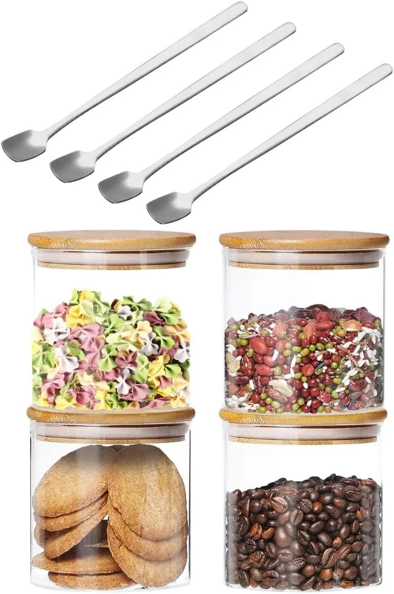 ظروف شیشه ای درب بامبو 1CHASE، 500 میلی لیتر (ست 4 عددی)، ظروف نگهداری مواد غذایی آشپزخانه، مناسب برای آرد، شکر، قهوه، آبنبات، ادویه جات
