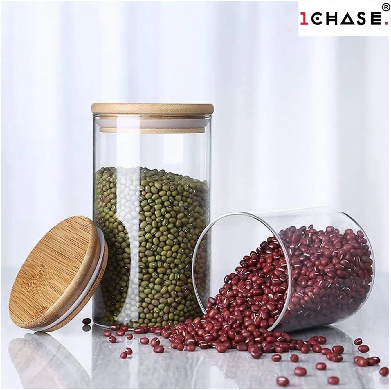 ظروف شیشه ای درب بامبو 1CHASE، 500 میلی لیتر (ست 4 عددی)، ظروف نگهداری مواد غذایی آشپزخانه، مناسب برای آرد، شکر، قهوه، آبنبات، ادویه جات