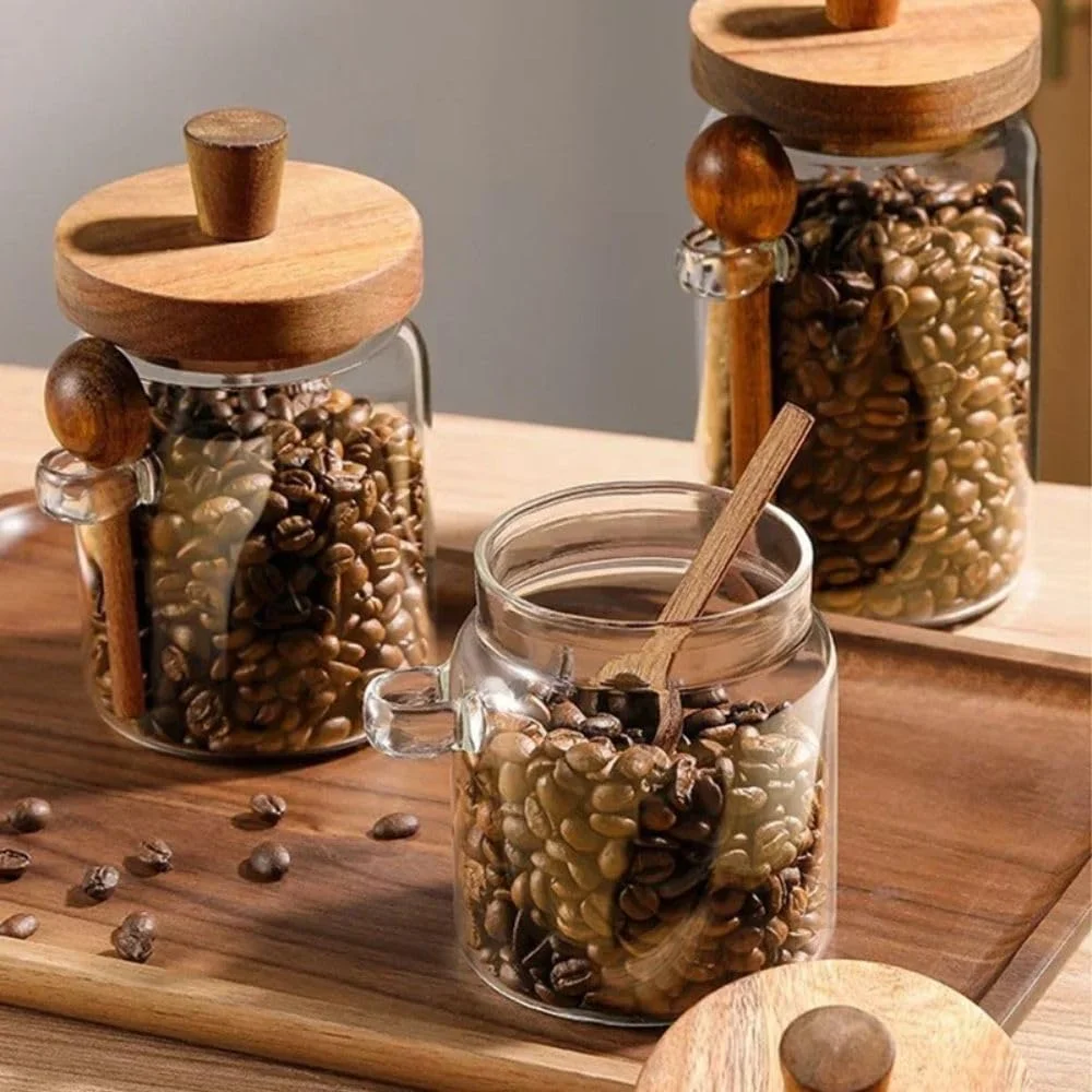 ظرف شیشه ای نگهداری مواد غذایی 1CHASE با درب و قاشق چوبی اقاقیا - ظرف دربسته برای قهوه، چای، شکر، ادویه جات و مواد غذایی خشک - 400 میلی لیتر / 600 میلی لیتر / 800 میلی لیتر