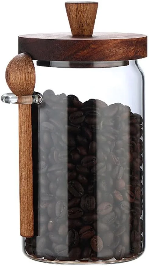 ظرف شیشه ای با درب چوبی و پیمانه، ظرف قهوه 600 میلی لیتری، ظروف شیشه ای نگهداری مواد غذایی، مناسب برای ادویه جات، حبوبات، مواد خشک و چای