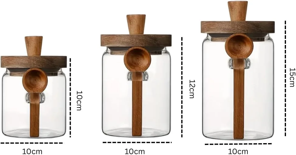 ظرف شیشه ای نگهداری مواد غذایی 1CHASE با درب و قاشق چوبی اقاقیا - ظرف دربسته برای قهوه، چای، شکر، ادویه جات و مواد غذایی خشک - 400 میلی لیتر / 600 میلی لیتر / 800 میلی لیتر