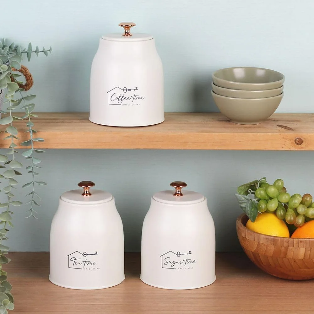 ست 3 تکه ظروف فلزی ذخیره سازی آدرین بژ 1000 میلی لیتری، بادوام، ضد هوا و شیک، مناسب برای سازماندهی آشپزخانه، انبار و نگهداری خانگی