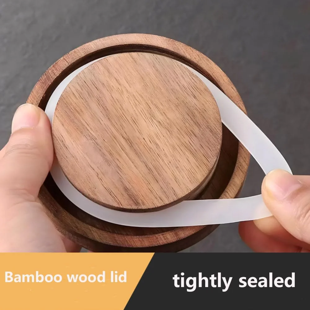 ظرف شیشه ای با درب چوبی و پیمانه، ظرف قهوه 600 میلی لیتری، ظروف شیشه ای نگهداری مواد غذایی، مناسب برای ادویه جات، حبوبات، مواد خشک و چای