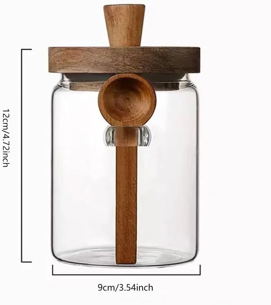 ظرف شیشه ای با درب چوبی و پیمانه، ظرف قهوه 600 میلی لیتری، ظروف شیشه ای نگهداری مواد غذایی، مناسب برای ادویه جات، حبوبات، مواد خشک و چای