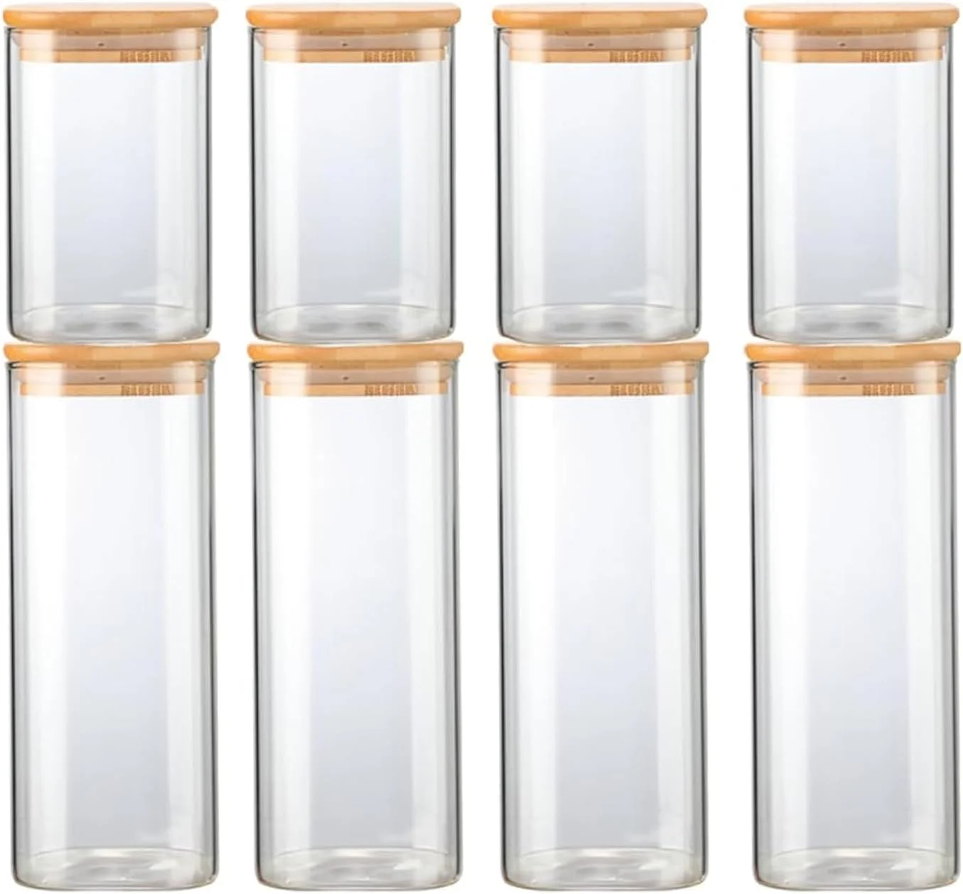 ست ۸ عددی ظروف شیشه ای بوروسیلیکات 1CHASE با درب بامبو، ظروف نگهداری مواد غذایی و حبوبات آشپزخانه، ست ظروف ایده آل برای آرد، شکر، قهوه، آبنبات، ادویه و قهوه