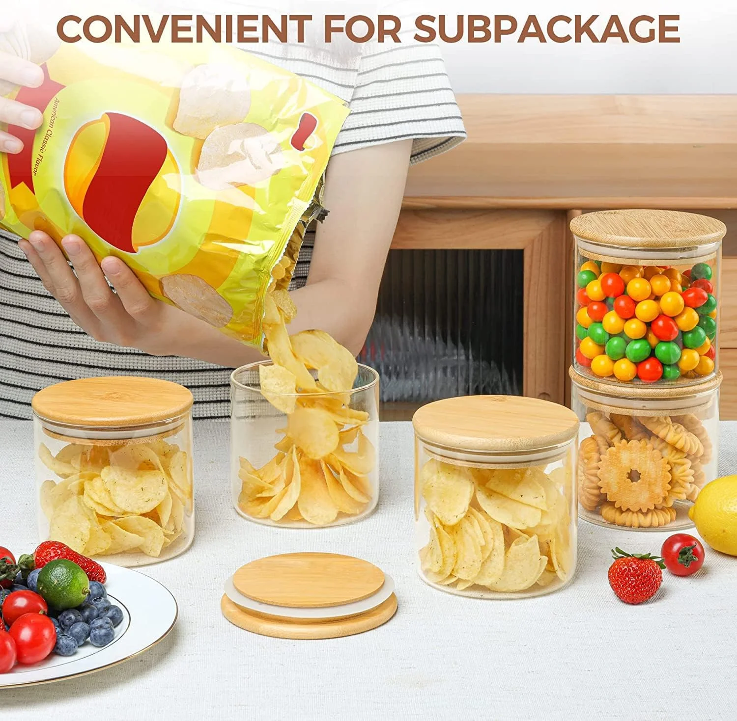 ظروف شیشه ای نگهداری مواد غذایی 1CHASE، 500 میلی لیتر (ست 6 عددی)، ظروف شفاف با درب بامبو، مناسب برای سازماندهی کابینت، ادویه جات، چای شکوفه، قهوه و شکر (گرد)