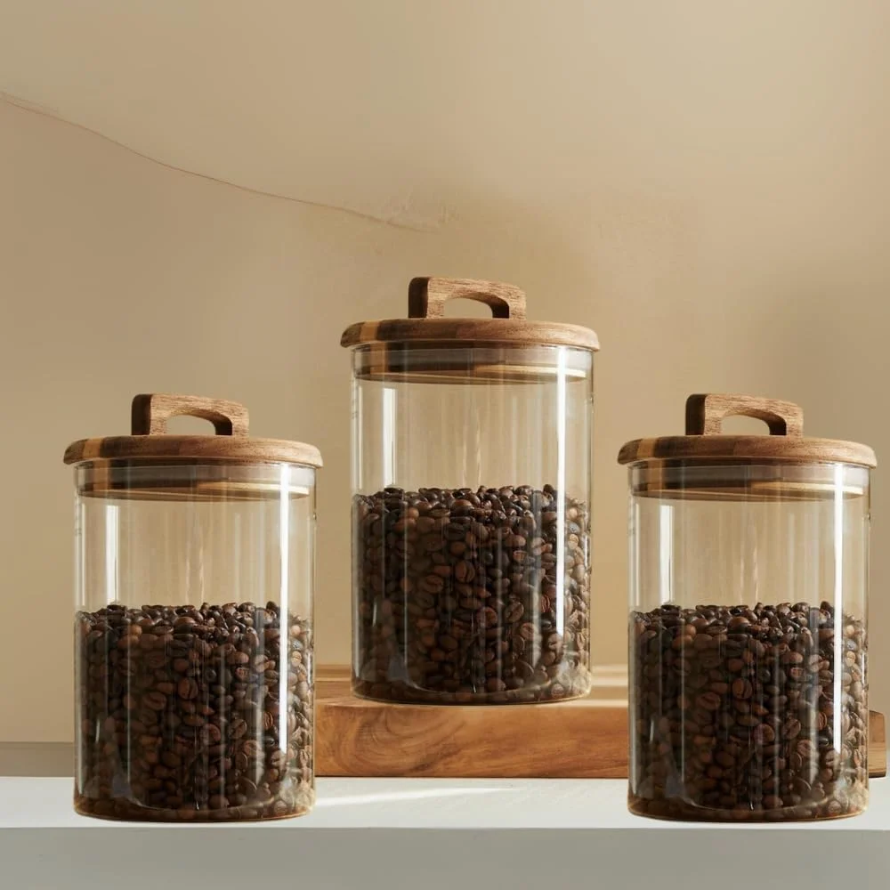 ظرف نگهداری مواد غذایی شیشه ای بوروسیلیکات 1CHASE با درب چوبی آکاسیا، ظرف شیشه ای دست ساز برای سازماندهی کابینت آشپزخانه، برای نگهداری پاستا، آجیل، قهوه، تنقلات، ست 3 عددی (800 میلی لیتر) ظرف نگهداری مواد غذایی شیشه ای بوروسیلیکات 1CHASE با درب چوبی آکاسیا، ظرف شیشه ای دست ساز برای سازماندهی کابینت آشپزخانه، برای نگهداری پاستا، آجیل، قهوه، تنقلات، ست 3 عددی (800 میلی لیتر)