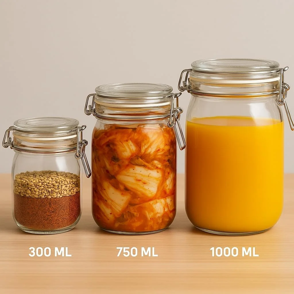 ست ظروف شیشه ای درب دار، ظروف شیشه ای گیره دار با درب، ظروف درب دار گرد برای نگهداری مواد غذایی در آشپزخانه، مناسب کنسرو کردن غلات، حبوبات، ترشی، ادویه جات، میوه خشک، میوه های نگهداری شده (300 میلی لیتر، 3 عدد)